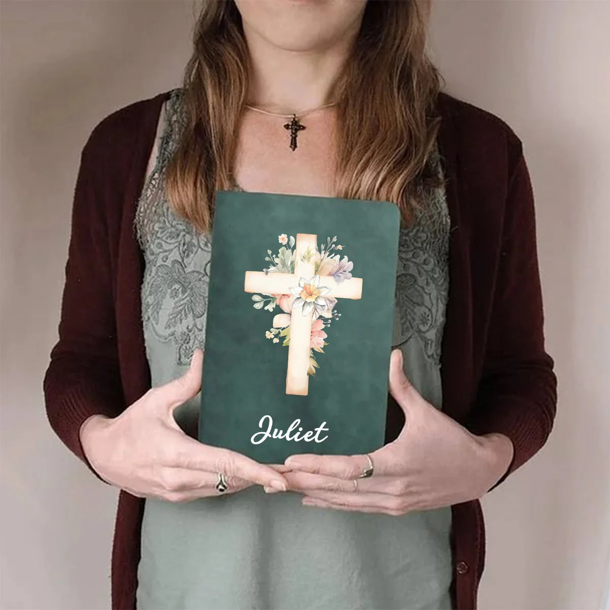 Personalized Watercolor Cross 1-5 Birth Flowers Leather Church Notebook with Name for Bible Study Birthday Religious - Image 2