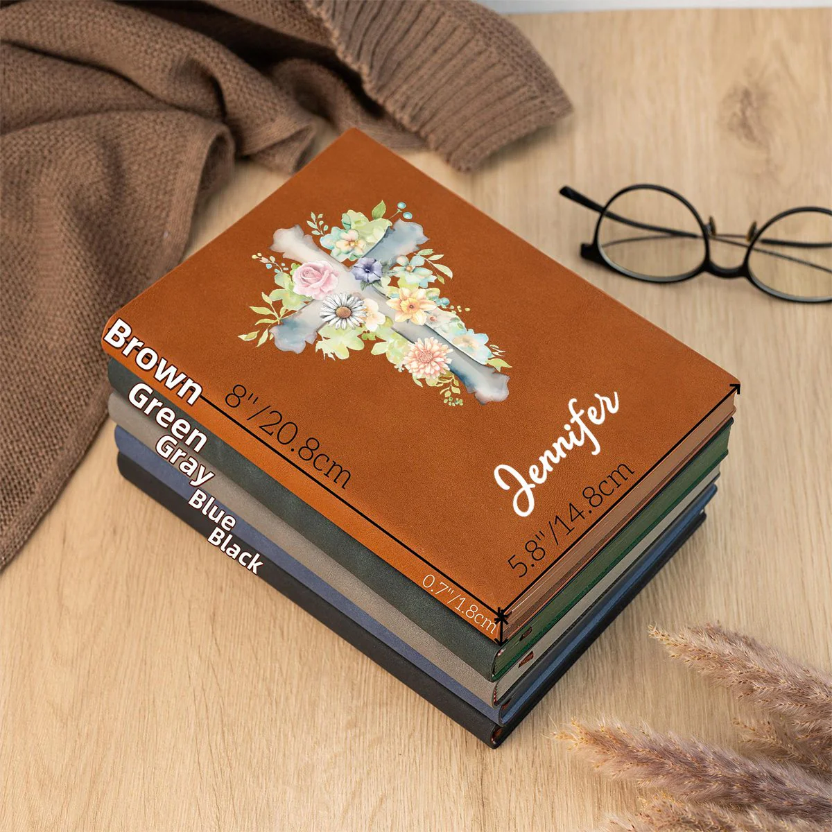Personalized Watercolor Cross 1-5 Birth Flowers Leather Church Notebook with Name for Bible Study Birthday Religious - Image 3
