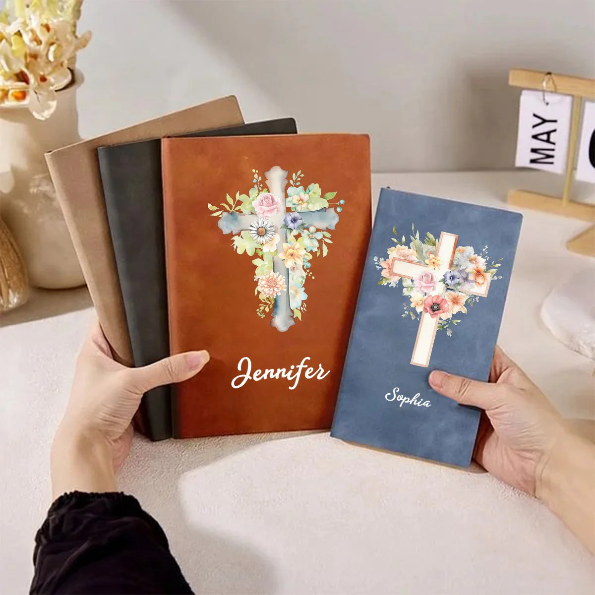 Personalized Watercolor Cross 1-5 Birth Flowers Leather Church Notebook with Name for Bible Study Birthday Religious - Image 4