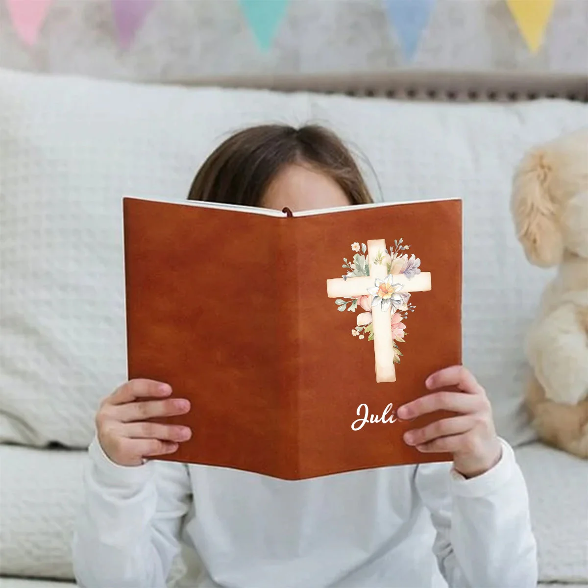 Personalized Watercolor Cross 1-5 Birth Flowers Leather Church Notebook with Name for Bible Study Birthday Religious - Image 5