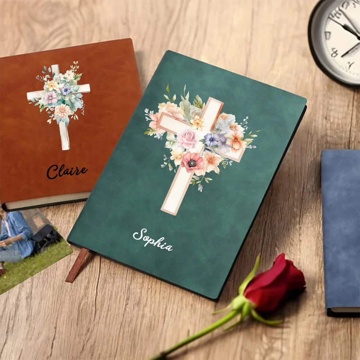 Personalized Watercolor Cross 1-5 Birth Flowers Leather Church Notebook with Name for Bible Study Birthday Religious - Image 6
