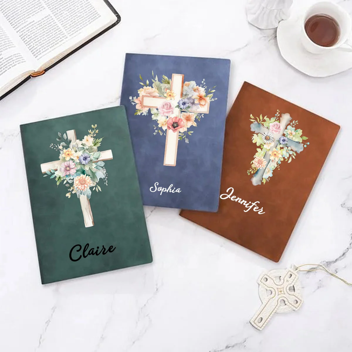 Personalized Watercolor Cross 1-5 Birth Flowers Leather Church Notebook with Name for Bible Study Birthday Religious - Image 7