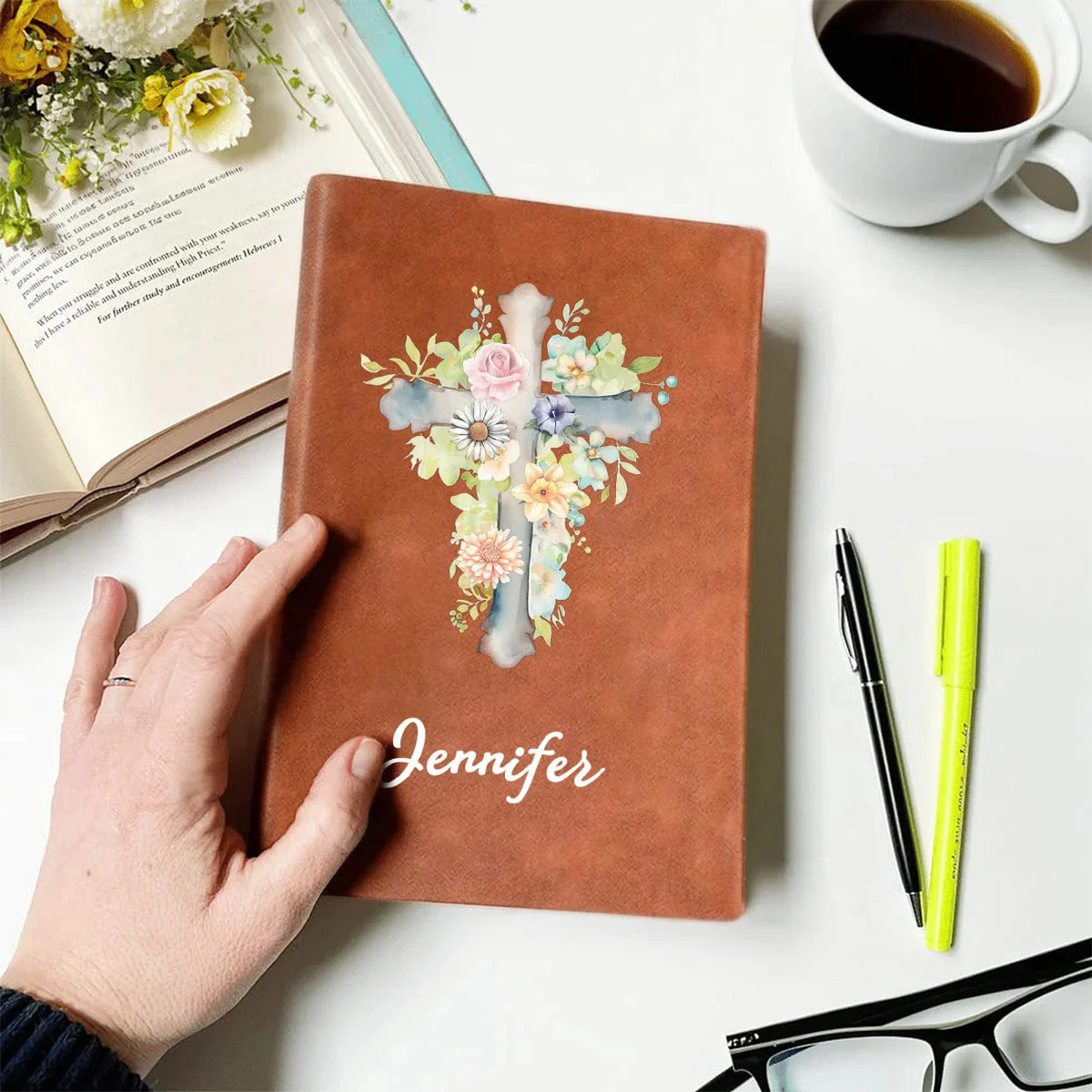 Personalized Watercolor Cross 1-5 Birth Flowers Leather Church Notebook with Name for Bible Study Birthday Religious - Image 8