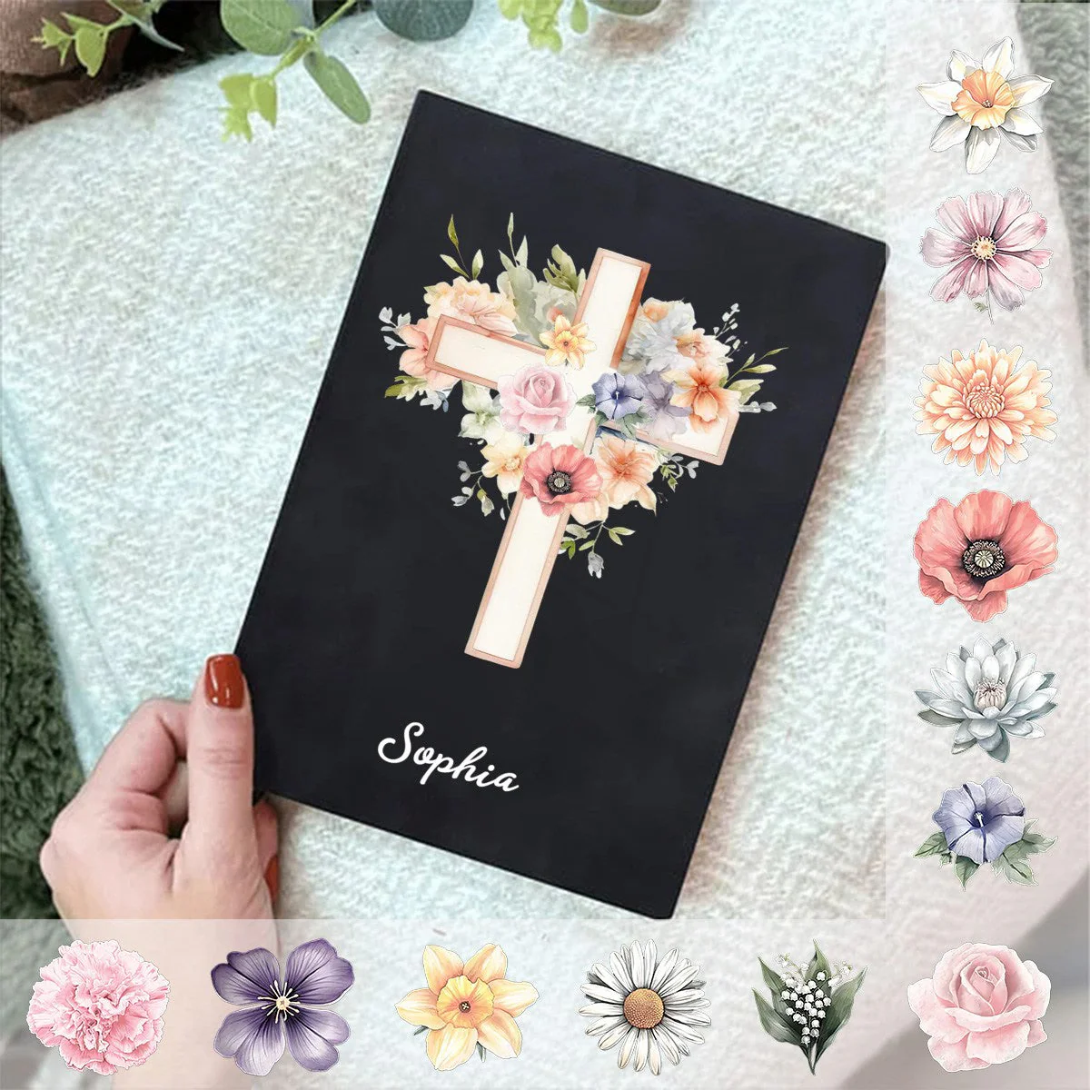 Personalized Watercolor Cross 1-5 Birth Flowers Leather Church Notebook with Name for Bible Study Birthday Religious - Image 9