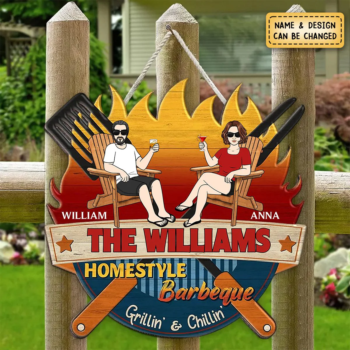 Personalized Wood Sign Gift For Family, Couple, Friends - Homestyle Barbeque Couple Sitting - Image 2
