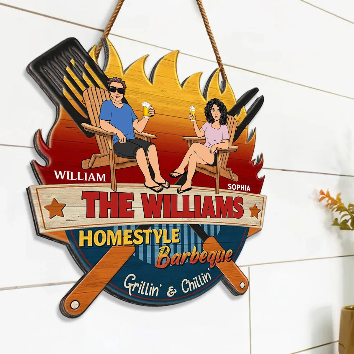 Personalized Wood Sign Gift For Family, Couple, Friends - Homestyle Barbeque Couple Sitting - Image 4