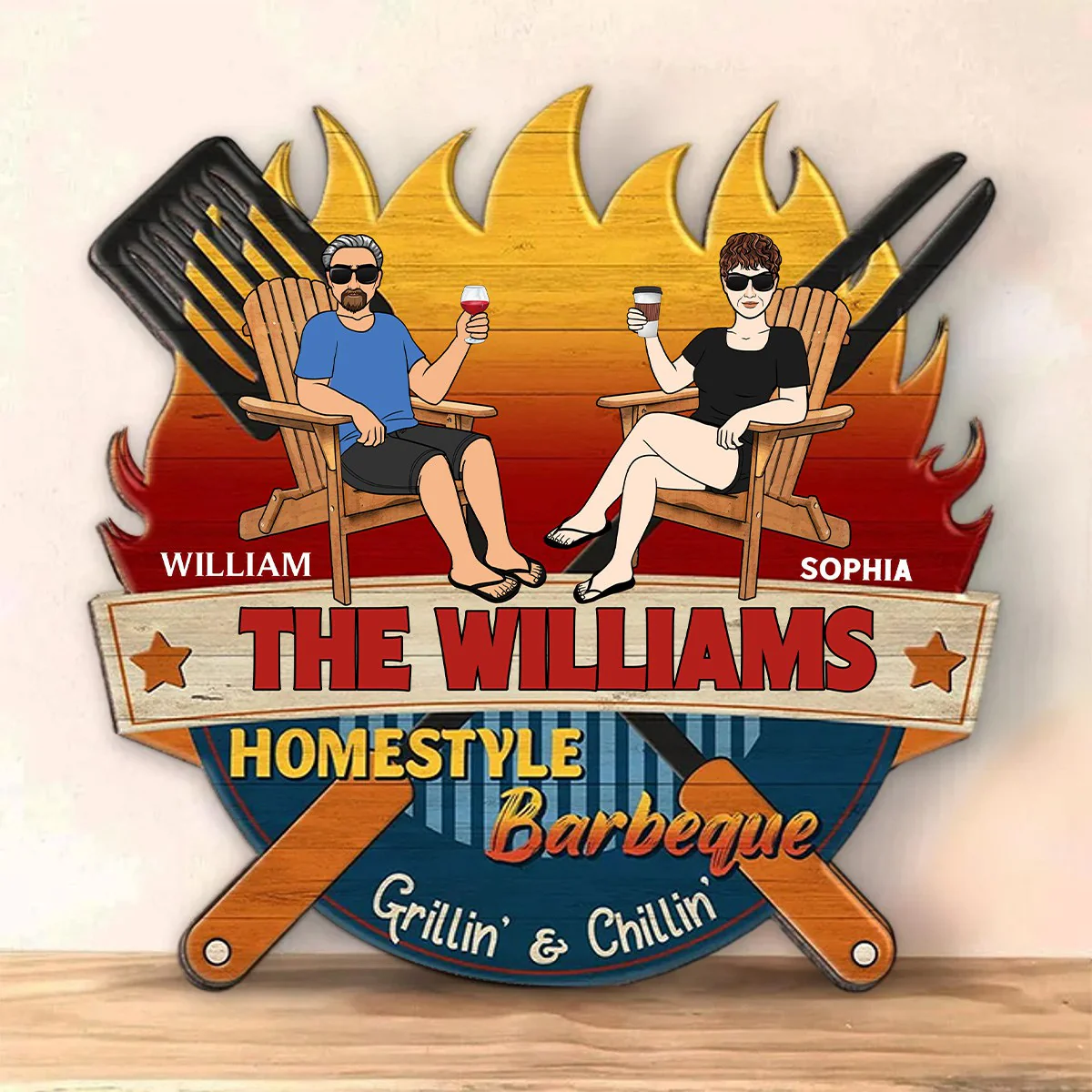 Personalized Wood Sign Gift For Family, Couple, Friends - Homestyle Barbeque Couple Sitting - Image 5