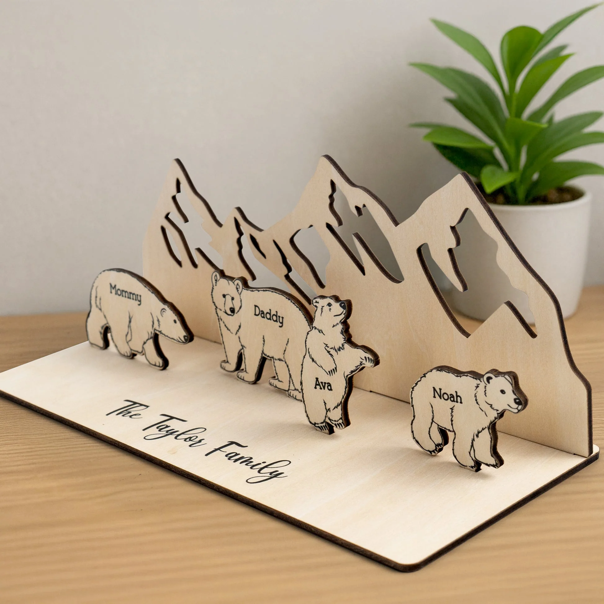Personalized Wooden Bear Family With A Mountain Scene Backdrop - Image 2
