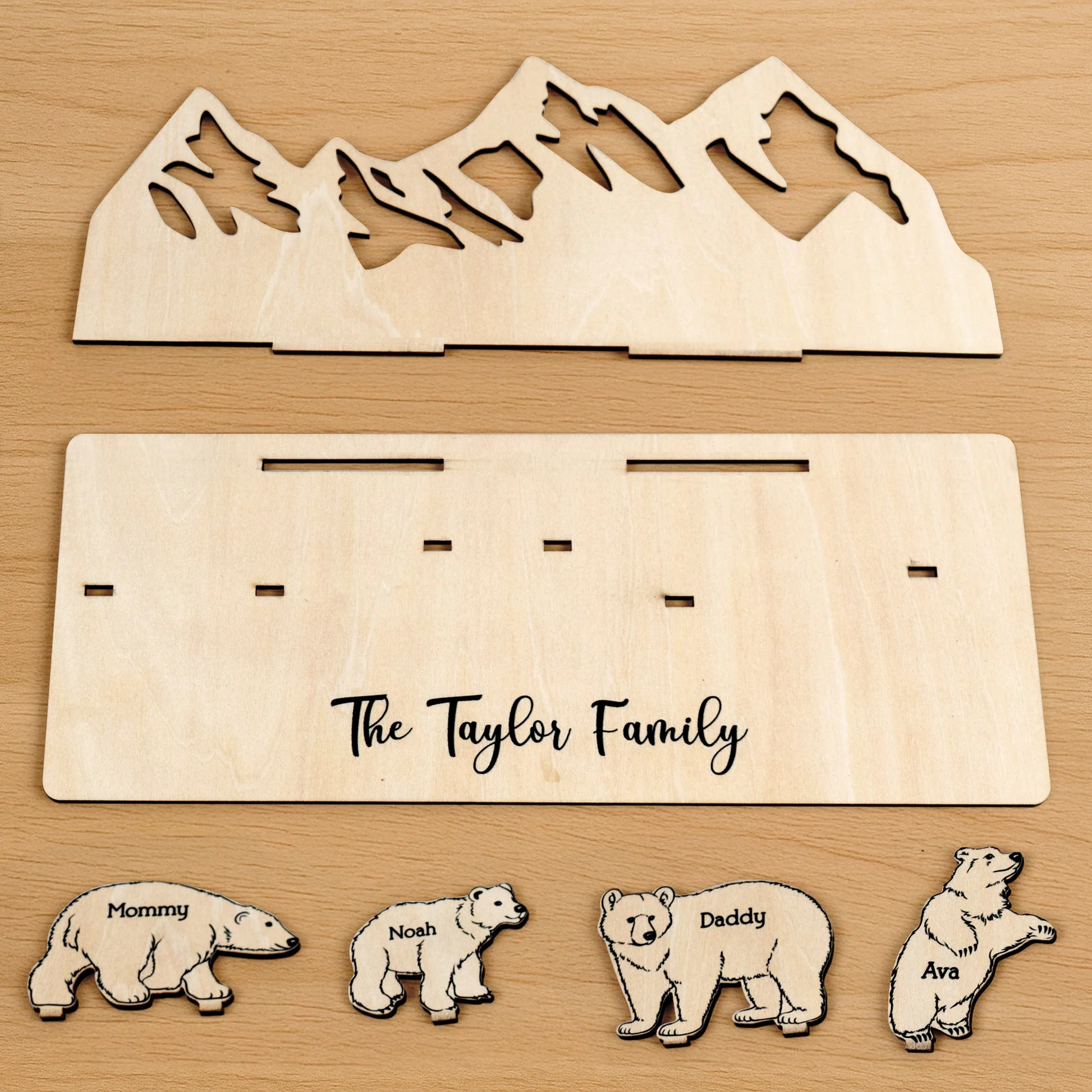 Personalized Wooden Bear Family With A Mountain Scene Backdrop - Image 5