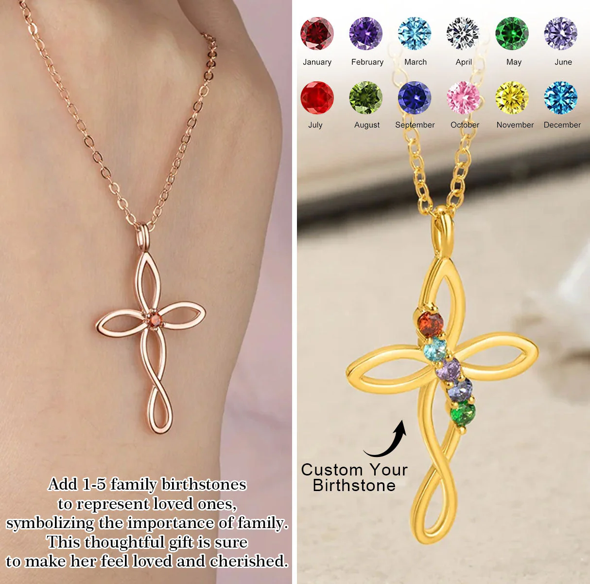 Personalized Wrapped Cross Necklace with 1-5 Family Birthstones - Birthday, Mother's Day Gift for Mom Grandma - Image 3