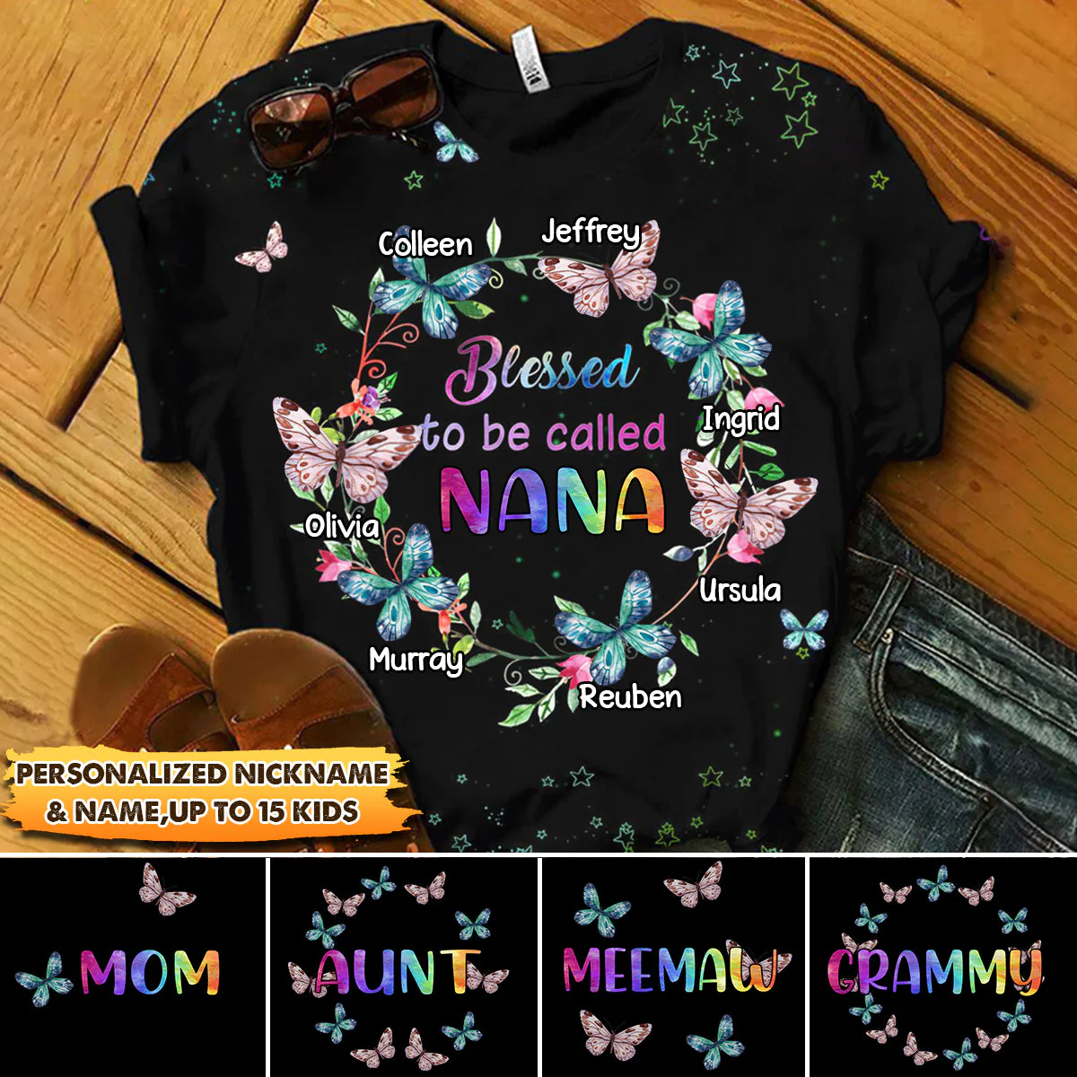 Personalized Wreath Butterfly Star Grandma Kid T-shirt