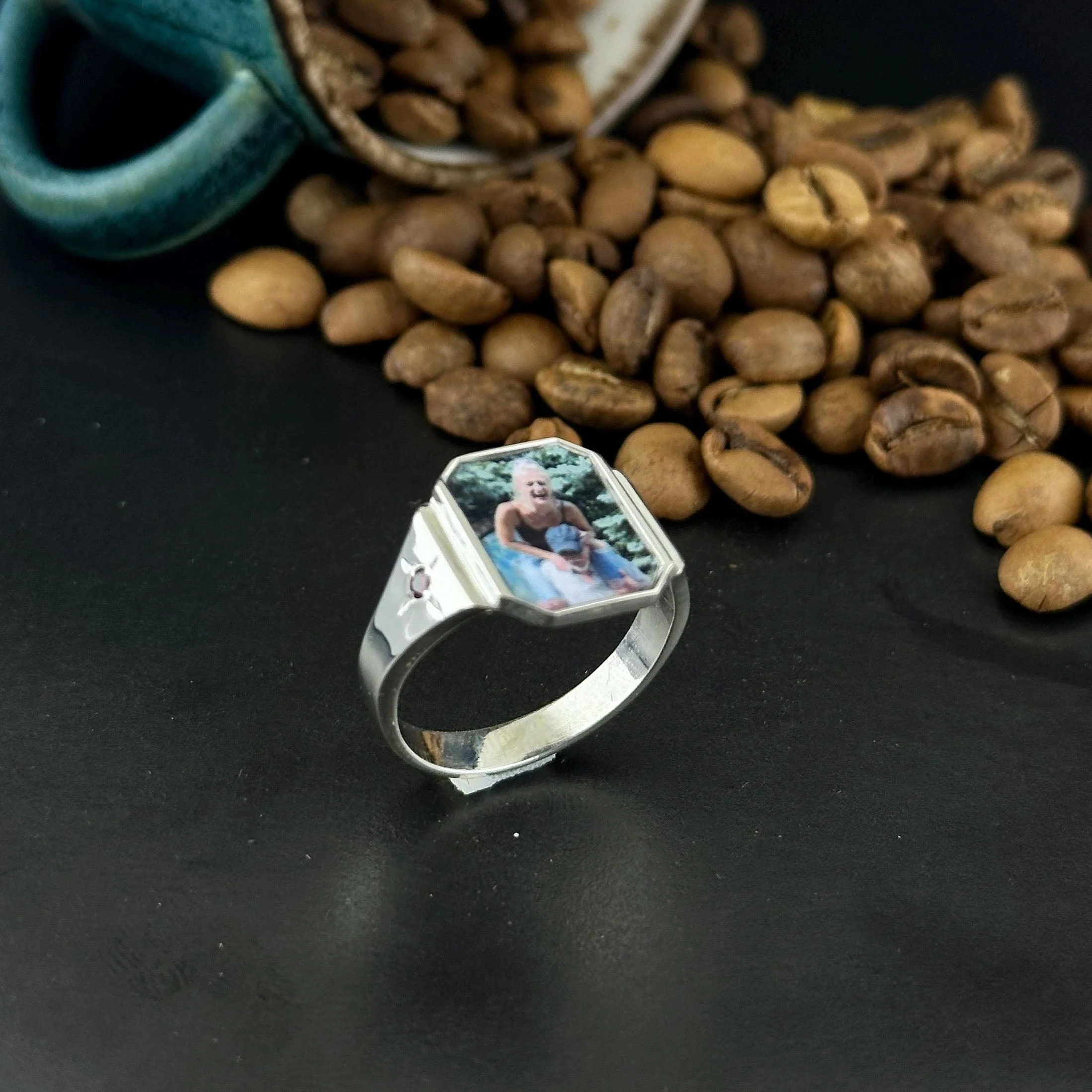 Photo Ring With 2 Birthstones, Personalized Gift for Her - Image 3