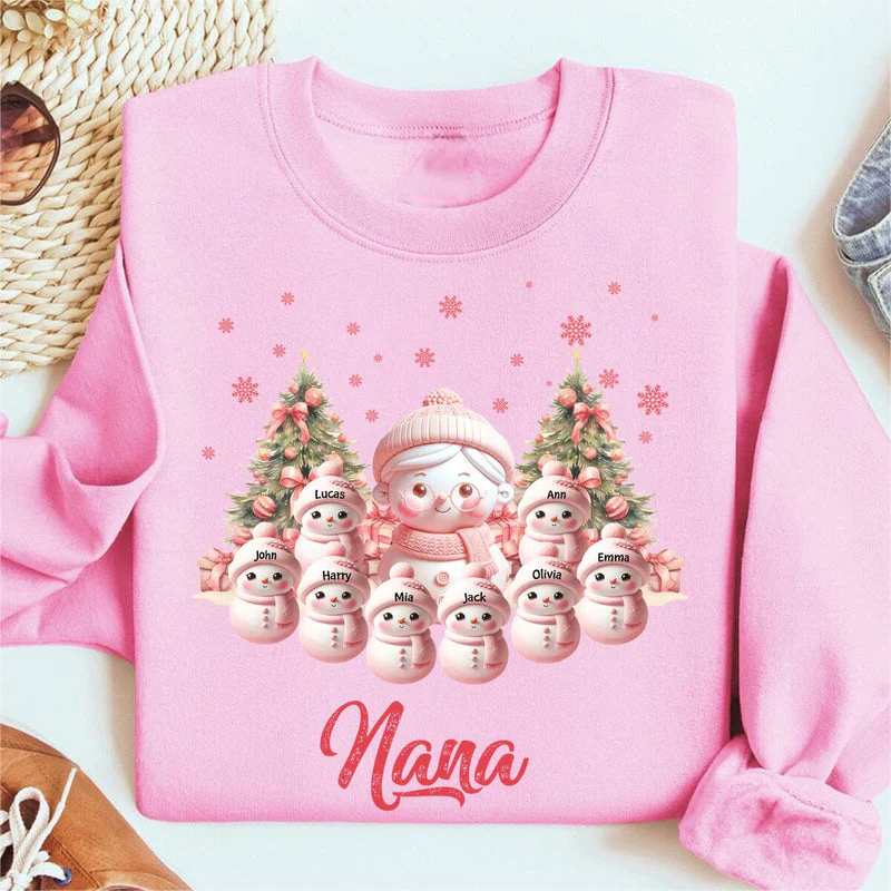 Pink Themed Snowman Grandma With Cute Little Kids Personalized Christmas Sweatshirt - Image 2