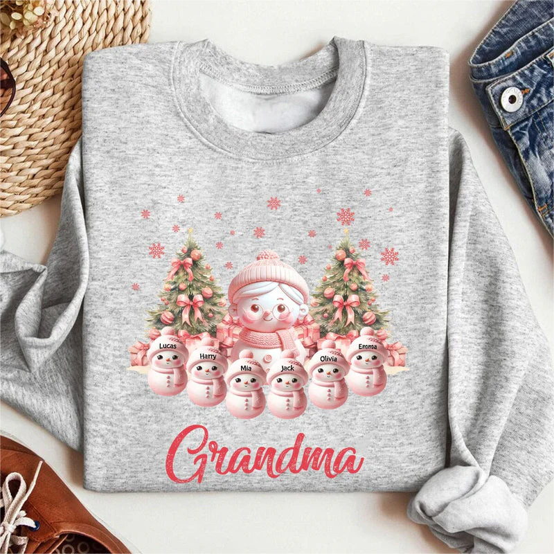 Pink Themed Snowman Grandma With Cute Little Kids Personalized Christmas Sweatshirt - Image 3