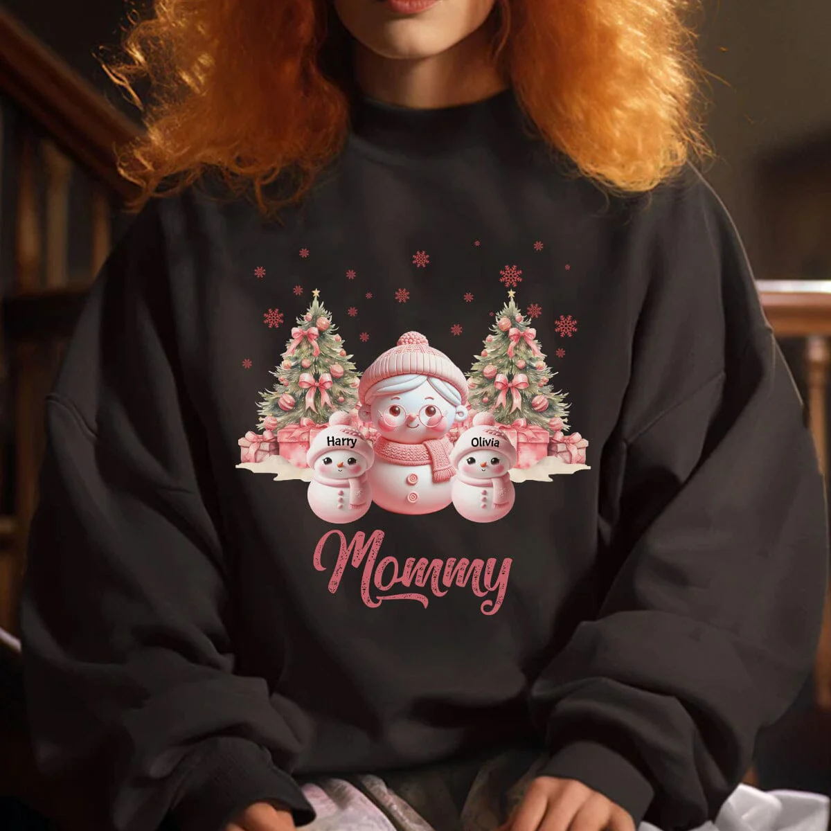 Pink Themed Snowman Grandma With Cute Little Kids Personalized Christmas Sweatshirt - Image 4