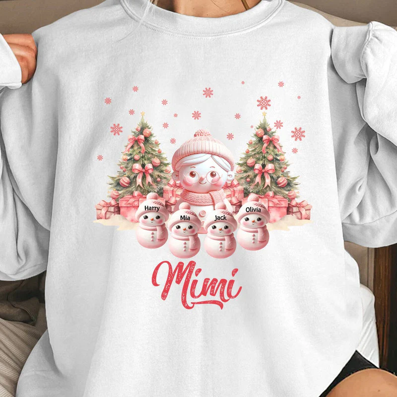Pink Themed Snowman Grandma With Cute Little Kids Personalized Christmas Sweatshirt - Image 5