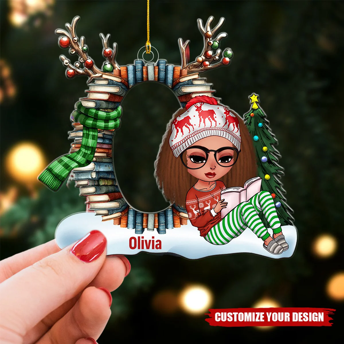 Reading Girl With Custom Alphabet Letter Christmas Gifts - Stack Book Ornament - Image 2