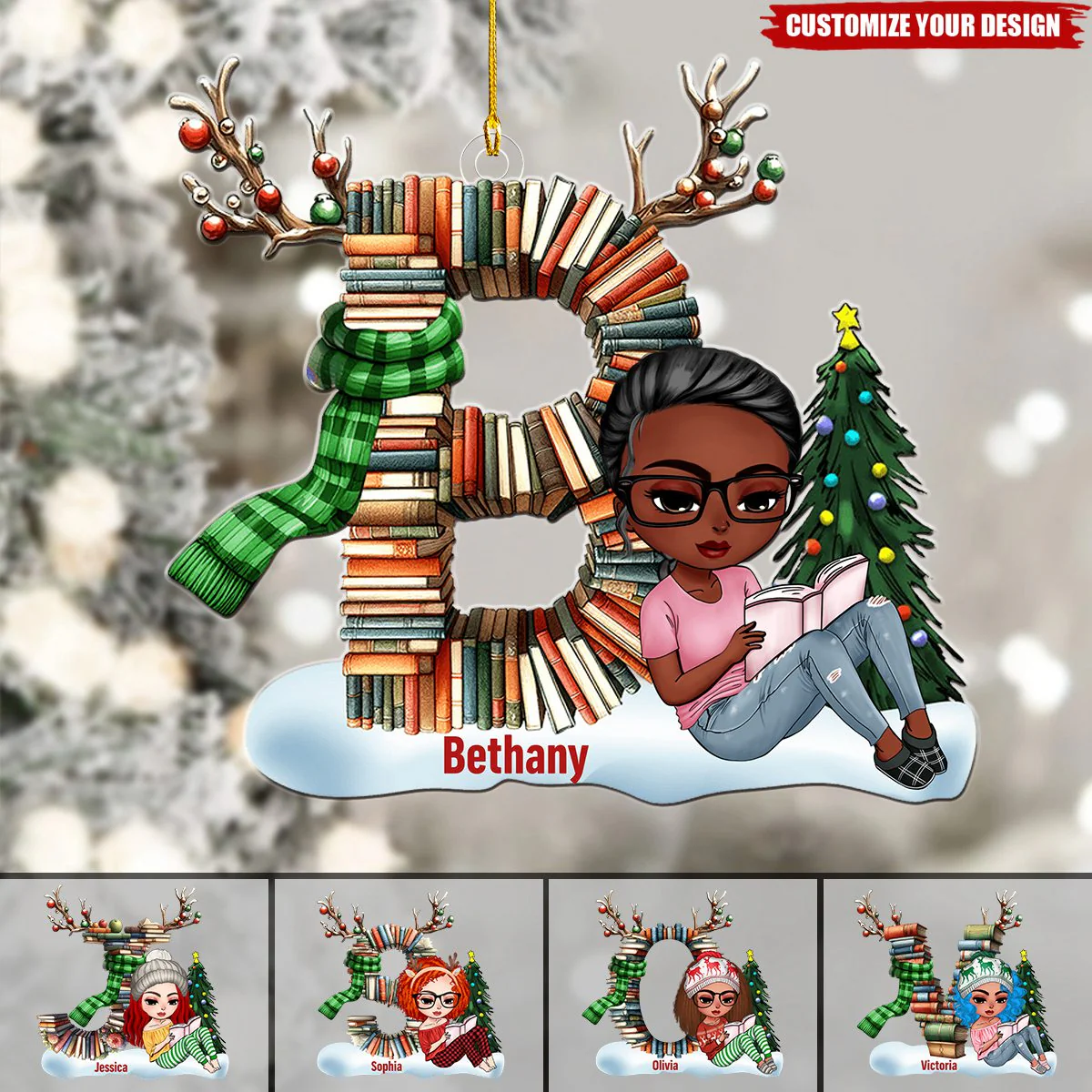 Reading Girl With Custom Alphabet Letter Christmas Gifts - Stack Book Ornament - Image 3