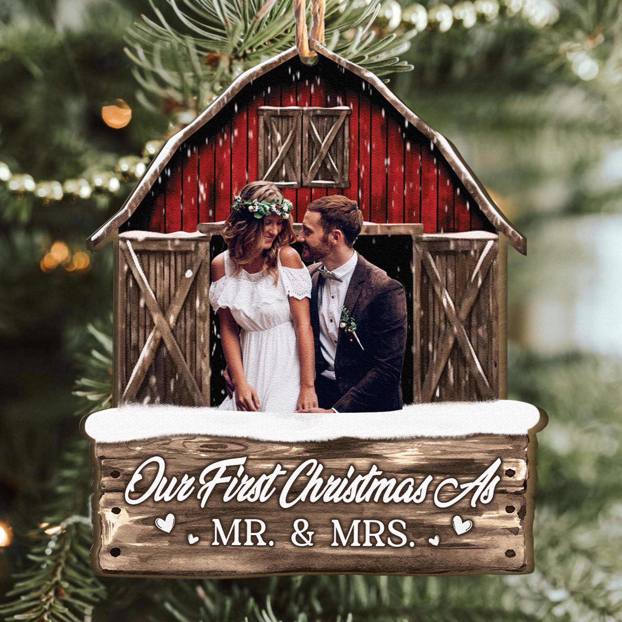 Red Barn Christmas Couple Custom Photo - Personalized Photo Ornament - Image 2