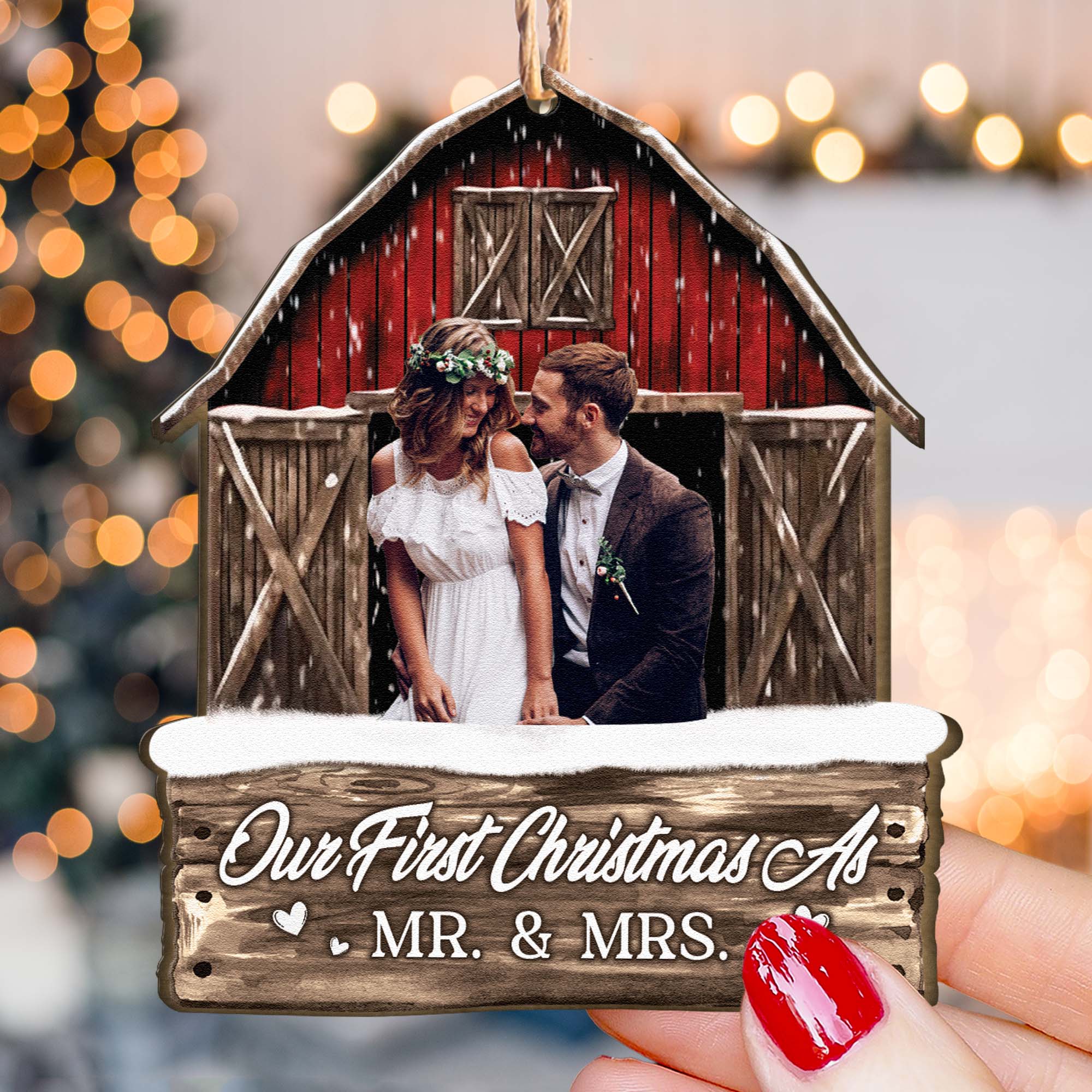 Red Barn Christmas Couple Custom Photo - Personalized Photo Ornament - Image 3