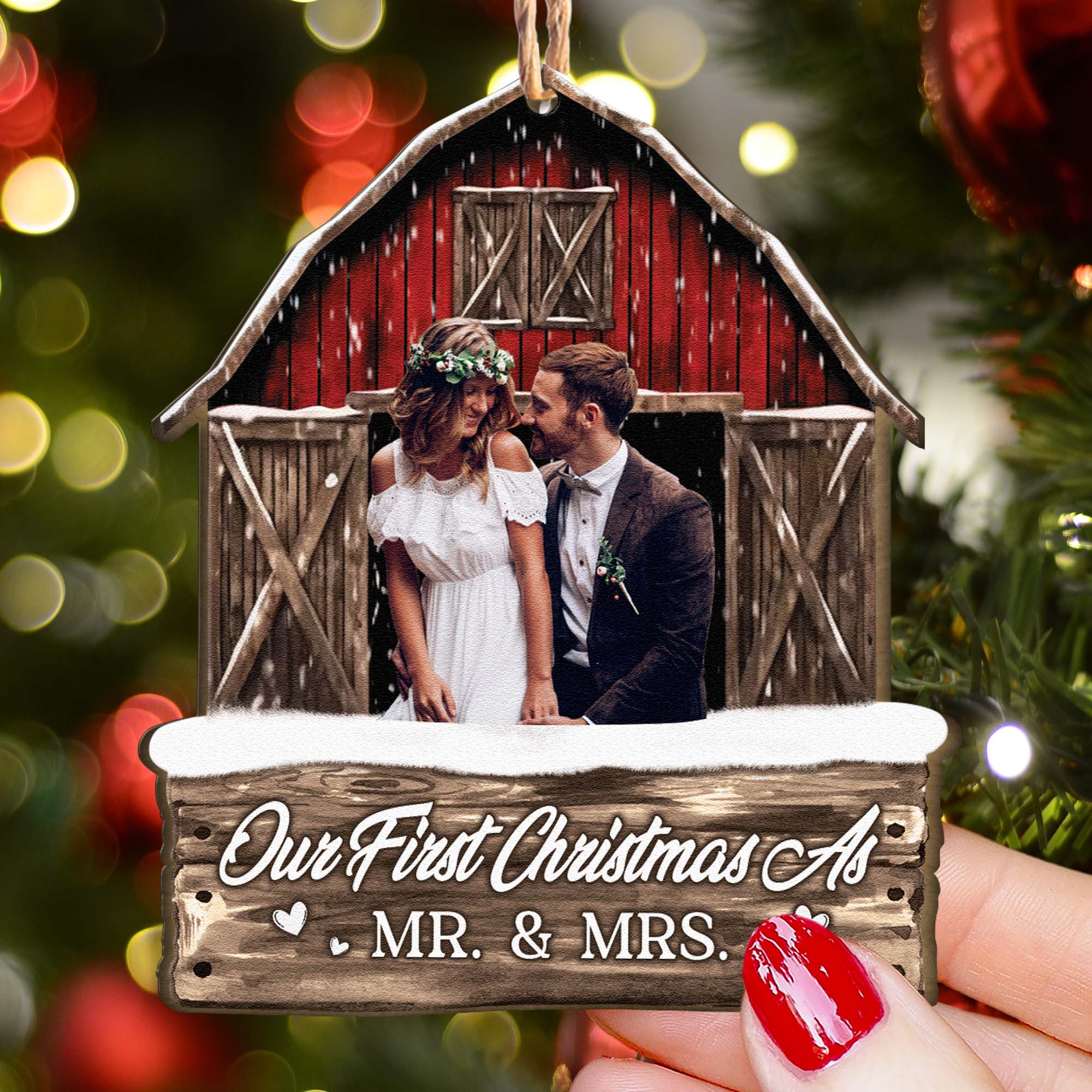 Red Barn Christmas Couple Custom Photo - Personalized Photo Ornament - Image 4