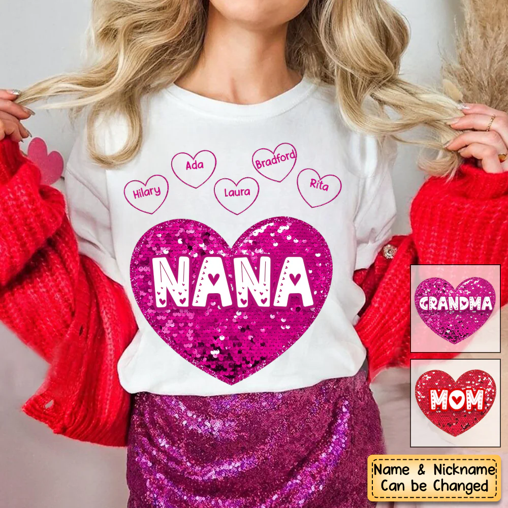 Red Faux Sequin Nana Heart Personalized 100% Pure Cotton T-Shirt - Image 2