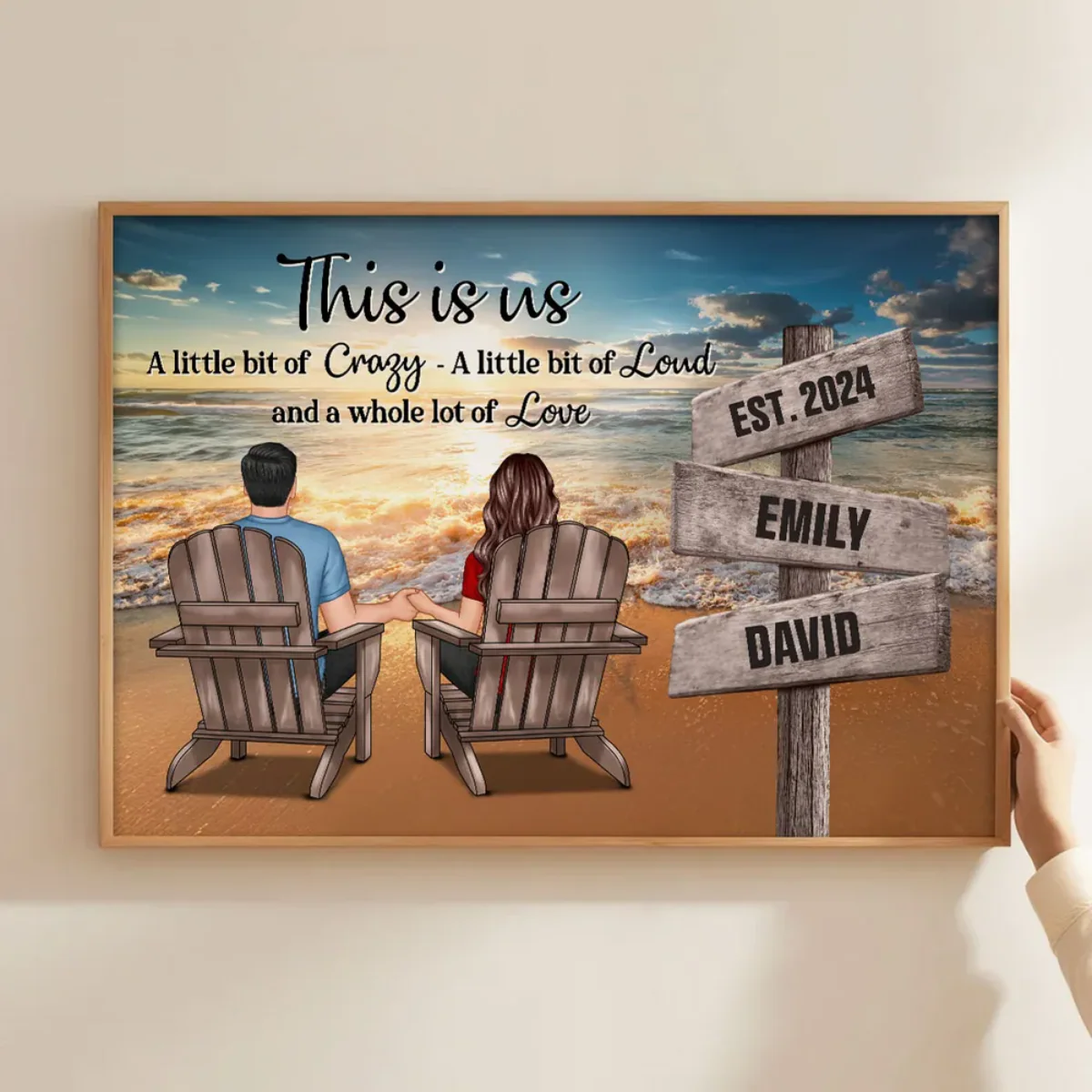 Romantic Beach Landscape Couple Sitting Holding Hands Sign Posts Personalized Poster - Image 2
