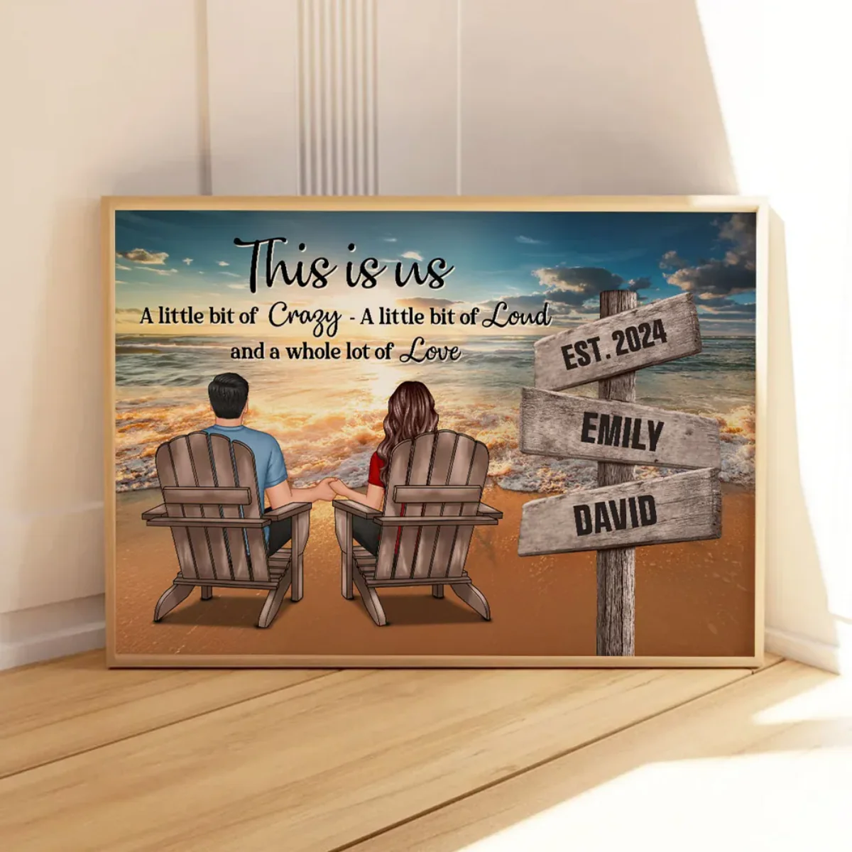 Romantic Beach Landscape Couple Sitting Holding Hands Sign Posts Personalized Poster - Image 3