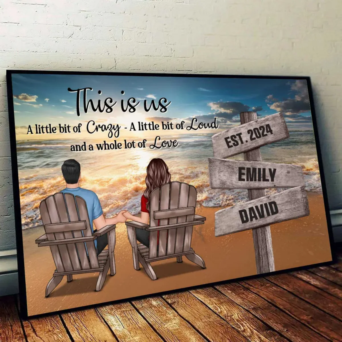 Romantic Beach Landscape Couple Sitting Holding Hands Sign Posts Personalized Poster - Image 4