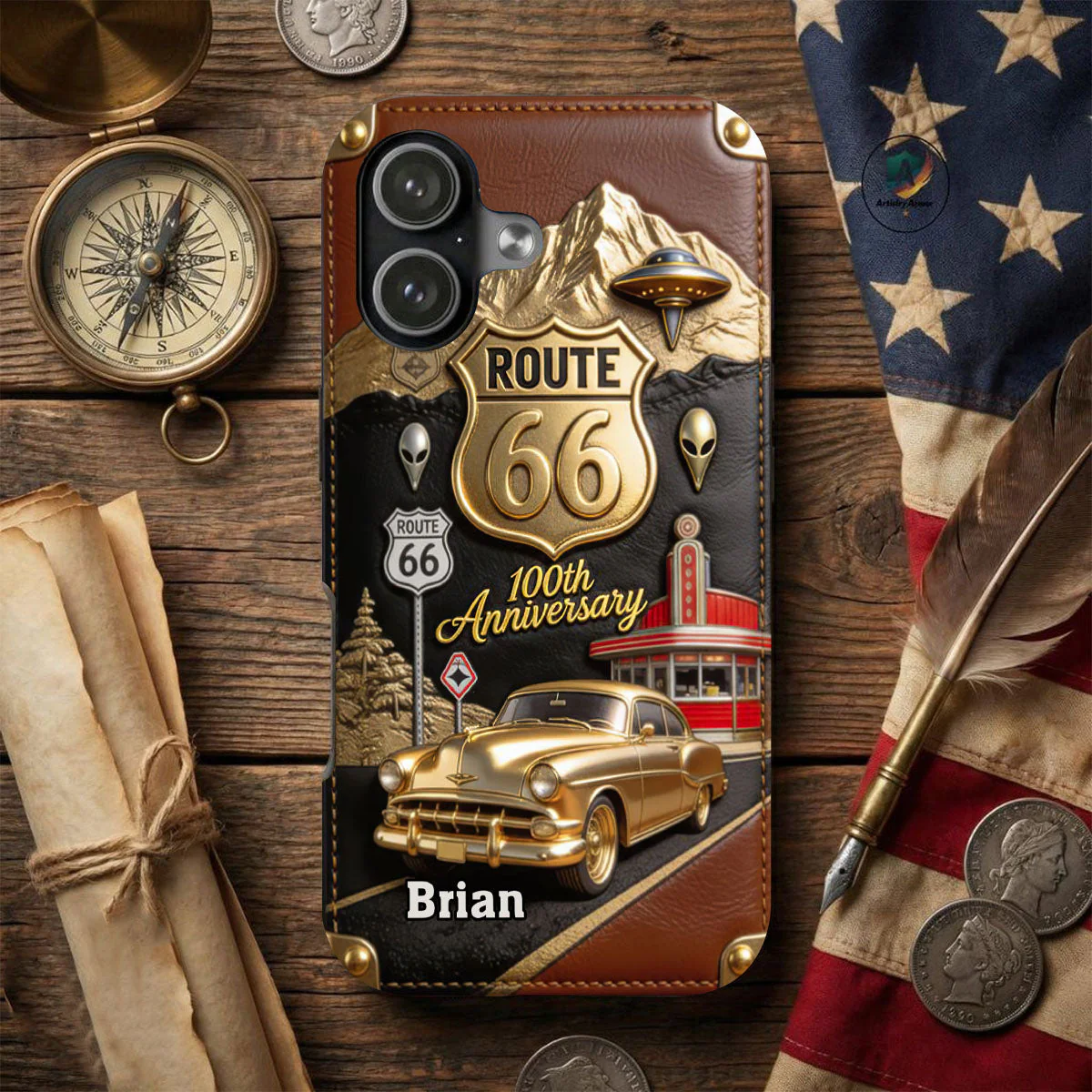 Route 66 100th Anniversary - Personalized Car Lover Leather Phone Case - Image 2