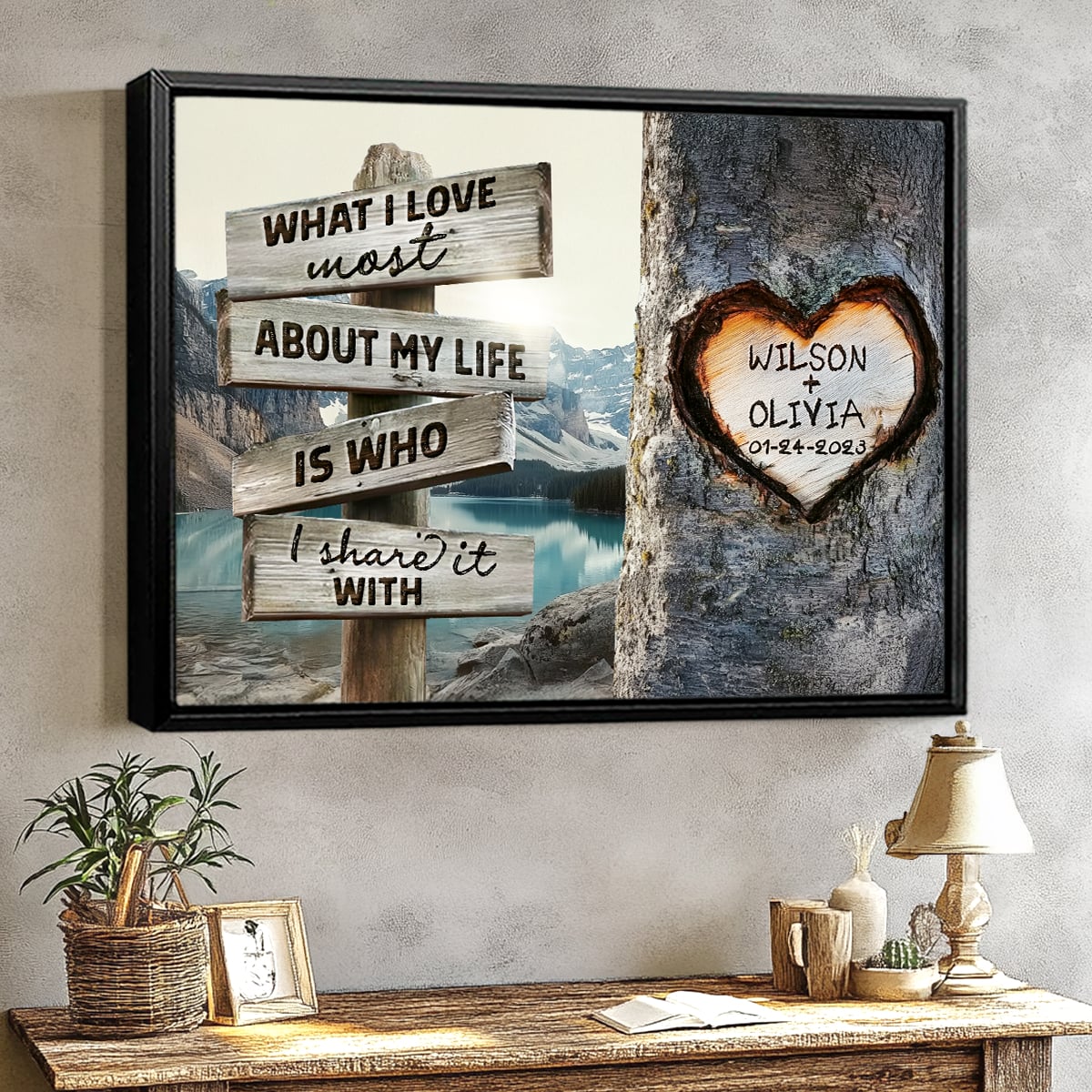 Rustic Tree Carving What I Love Most - Personalized Unique Couple’s Gift Canvas Wall Art - Image 2