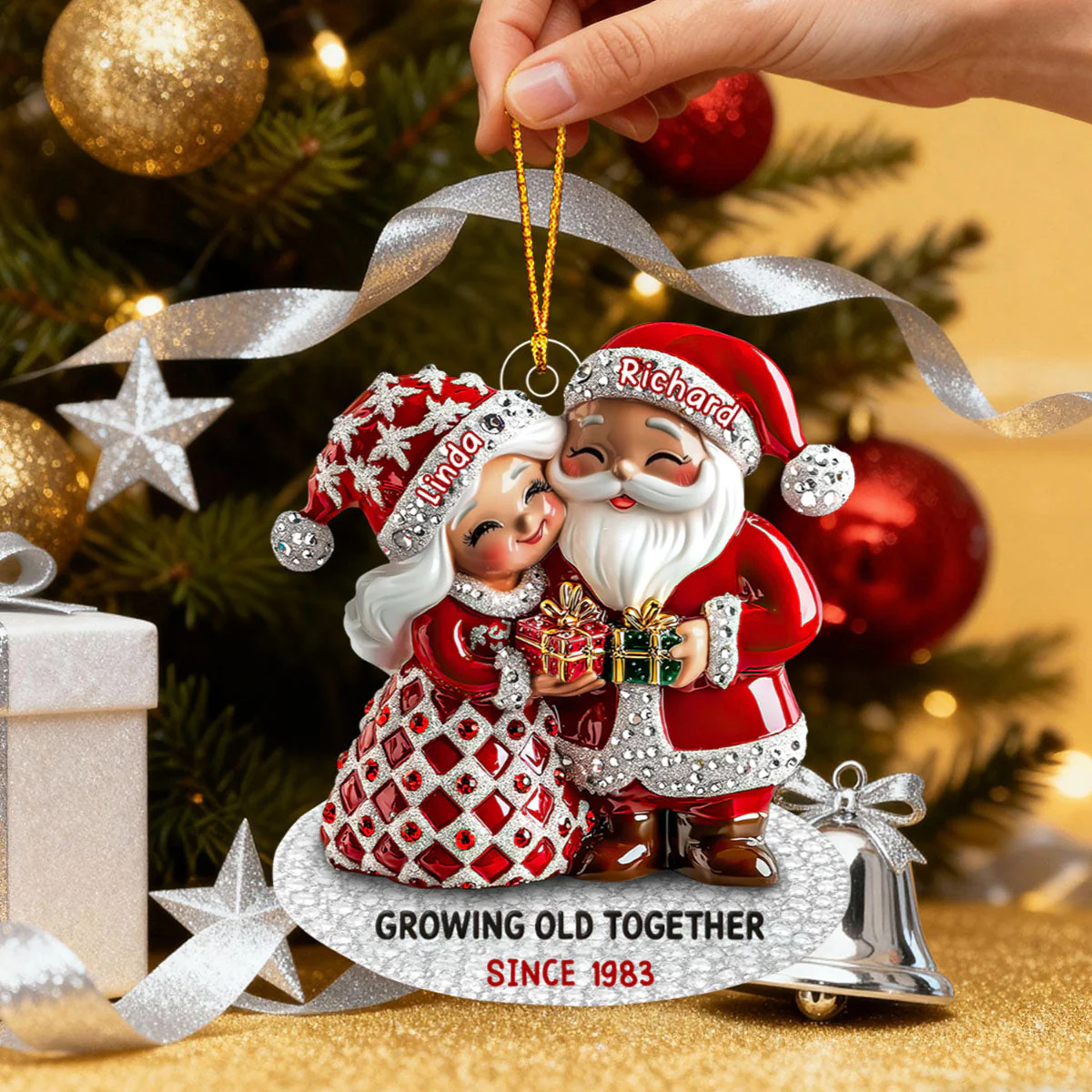 Santa Couple Growing Old Together With Christmas Gift, Custom Name Ornament, Personalized Gift For Couples And Spouses - Image 4
