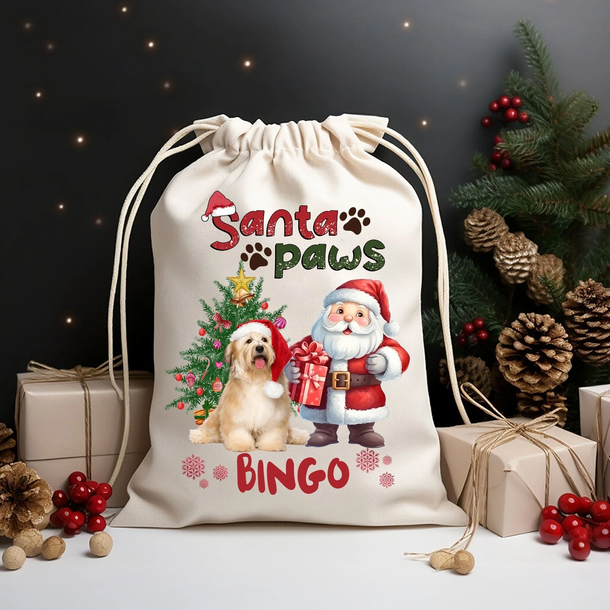 Santa Paws - Custom Photo And Name, Personalized String Bag, Gift For Pet Lover, Christmas Gift - Image 3