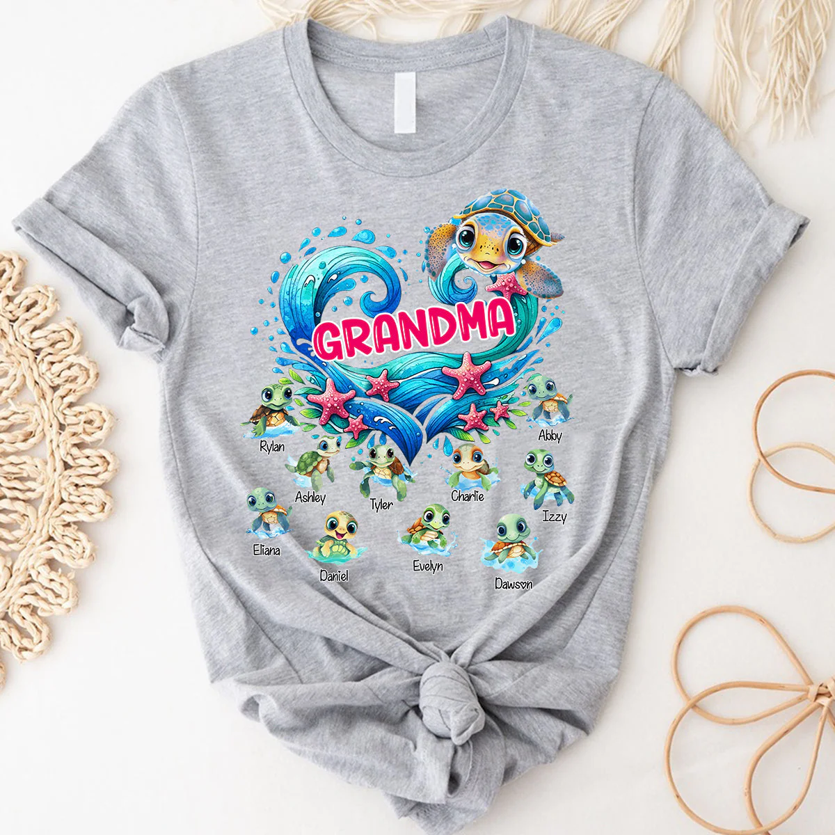 Sea Turtle Grandma With Cute Grandkids Personalized Pure Cotton T-Shirt - Image 4