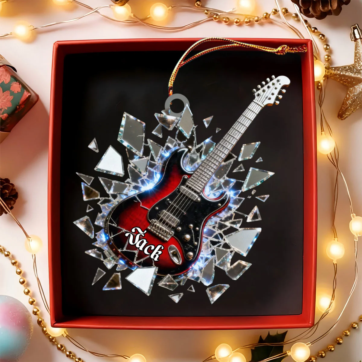 Shattered-Mirror Mini Electric Guitar Custom Name Stained Glass Effect Acrylic Christmas Ornament, Guitarist Gift - Image 3