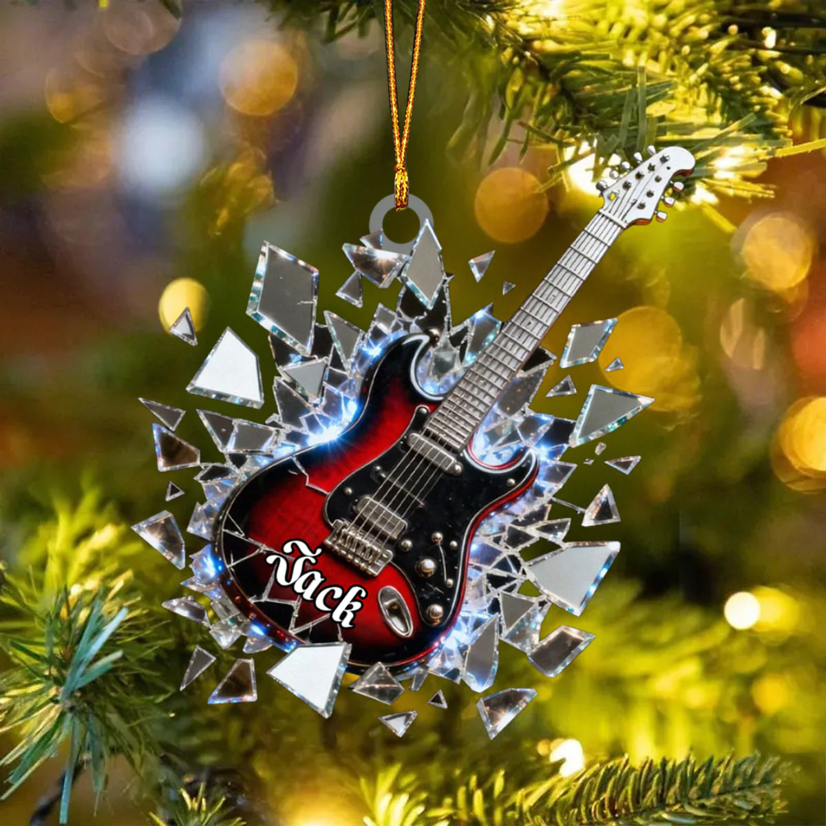 Shattered-Mirror Mini Electric Guitar Custom Name Stained Glass Effect Acrylic Christmas Ornament, Guitarist Gift - Image 4
