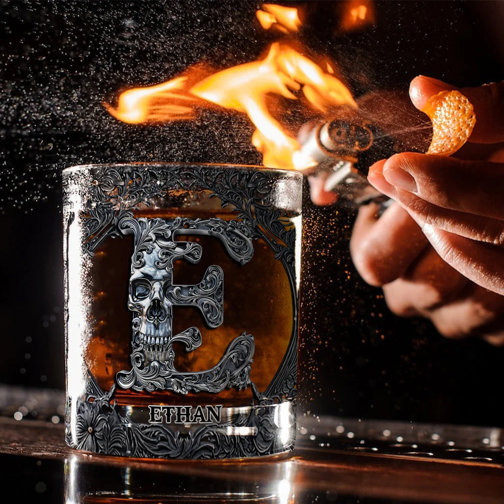 Skull Name Initial Letter - Personalized Whiskey Glass - Image 2