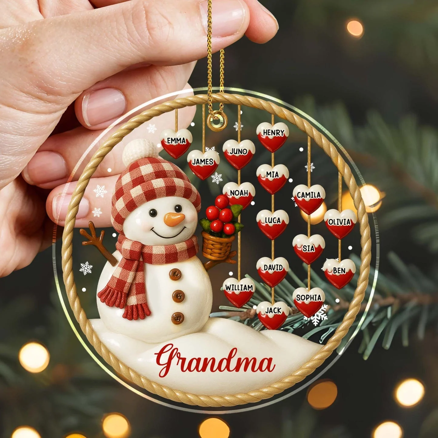 Snowman and Hearts Personalized Acrylic Ornament For Family - Image 2