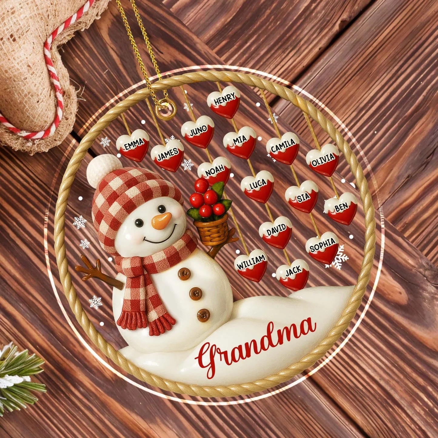 Snowman and Hearts Personalized Acrylic Ornament For Family - Image 3