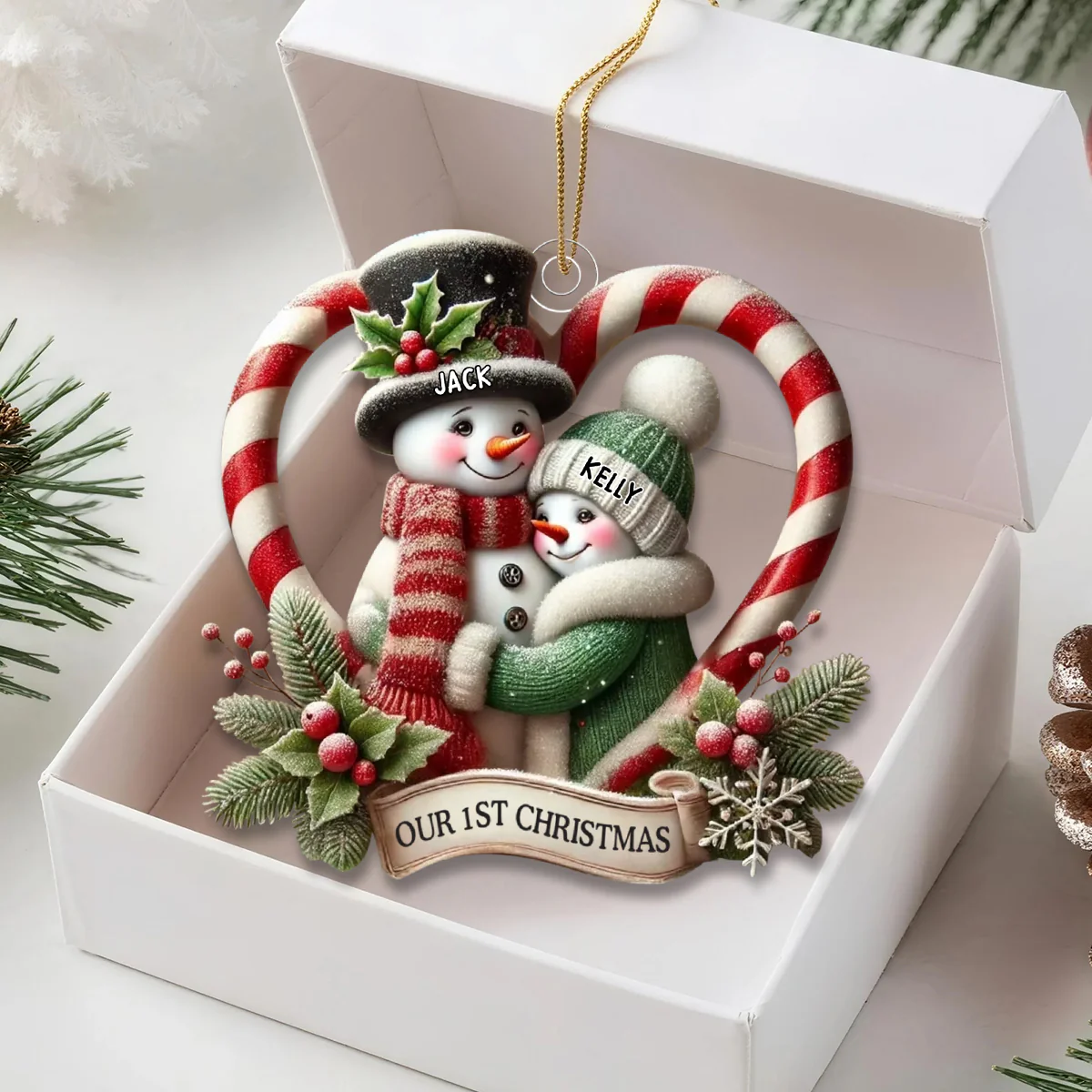 Snowman Couple First Christmas - Candy Cane Heart Personalized Acrylic Ornament - Image 2