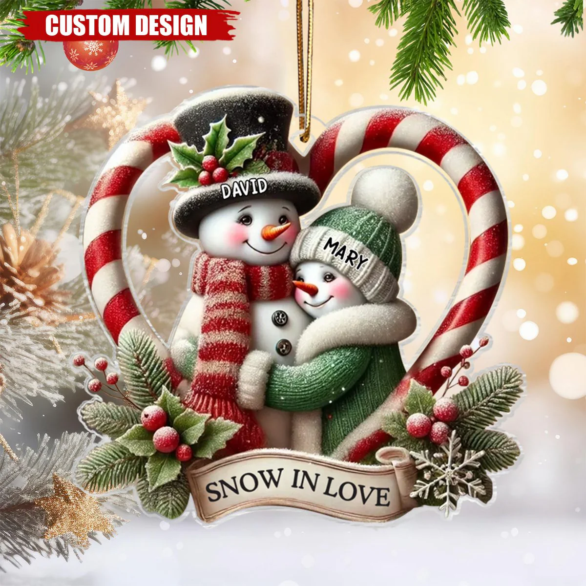 Snowman Couple First Christmas - Candy Cane Heart Personalized Acrylic Ornament - Image 3