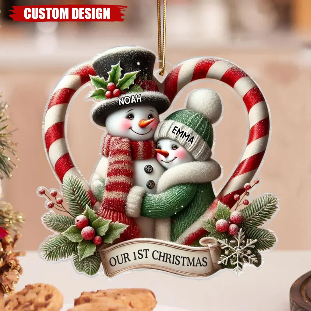 Snowman Couple First Christmas - Candy Cane Heart Personalized Acrylic Ornament - Image 4