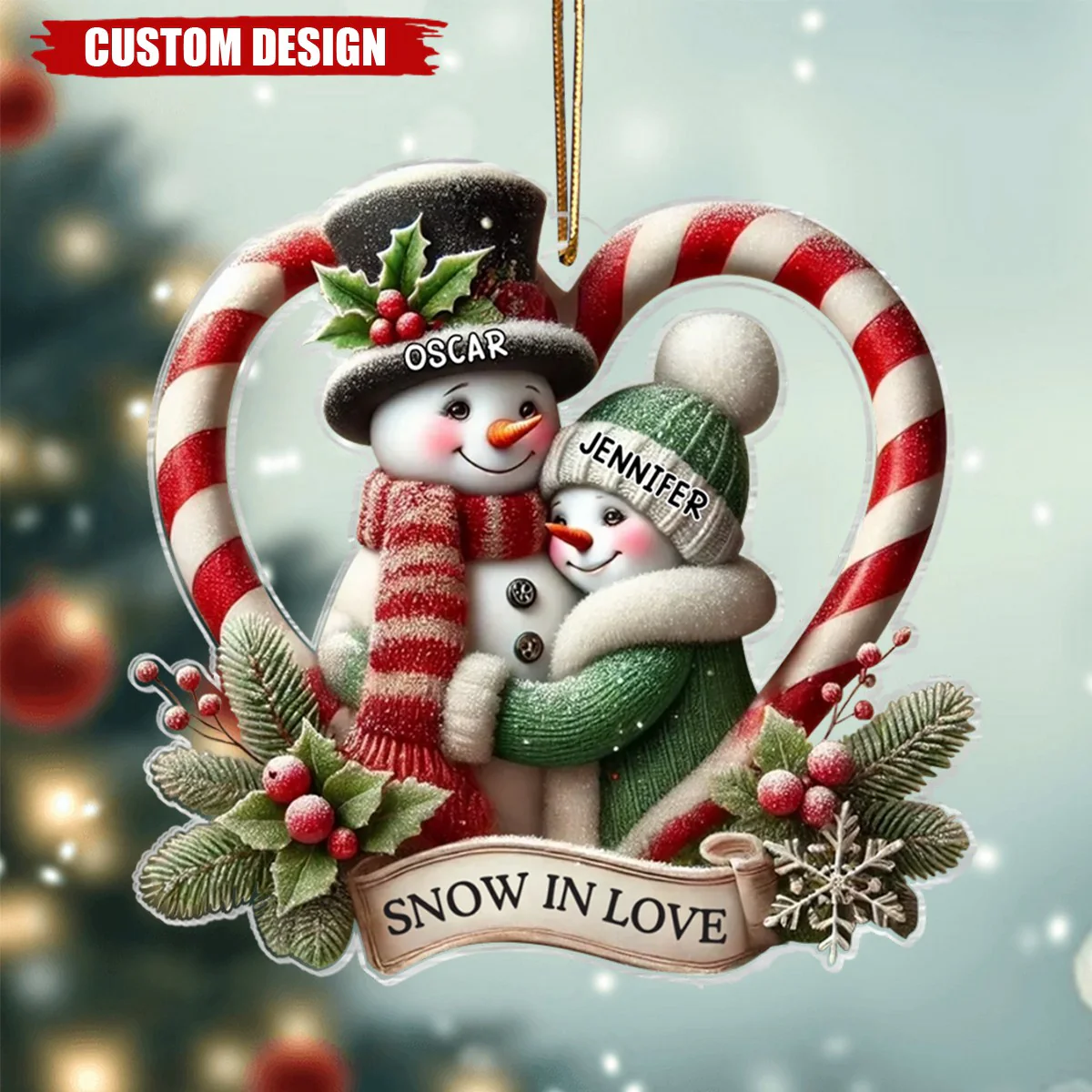 Snowman Couple First Christmas - Candy Cane Heart Personalized Acrylic Ornament - Image 5