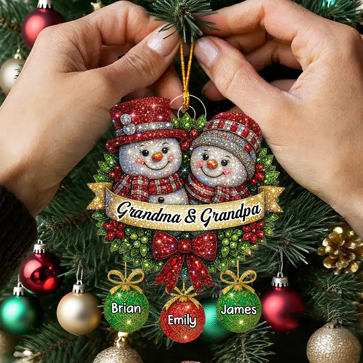 Snowman Glitter Grandma Grandpa Grandkids - Personalized Custom Acrylic Ornament - Image 2