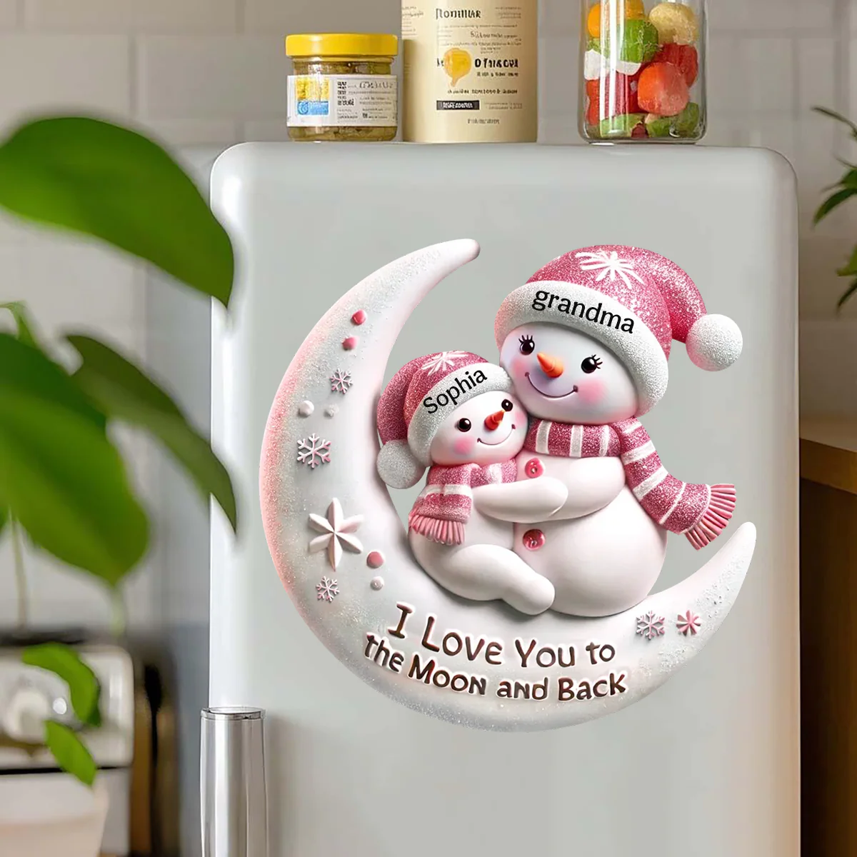 Snowman Grandma & Hugging Grandkid On The Moon Personalized Decal - Image 2