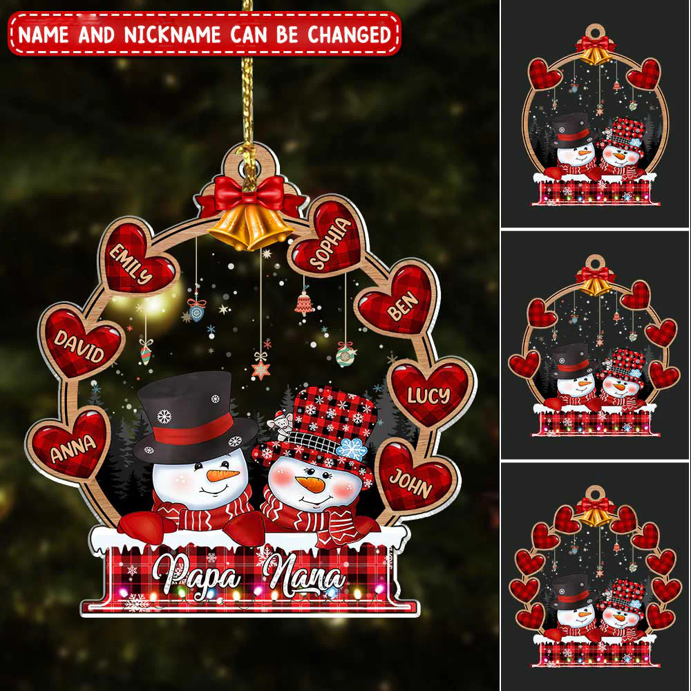 Sparkling Christmas Plaid Snowman Heart Kids In Snowball Personalized Ornament