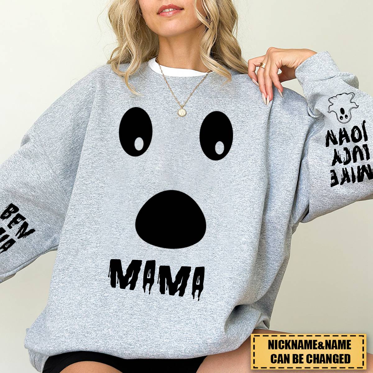 Spooky Ghost Face Grandma Mom Custom Kids Name Personalized Sweatshirt - Image 5