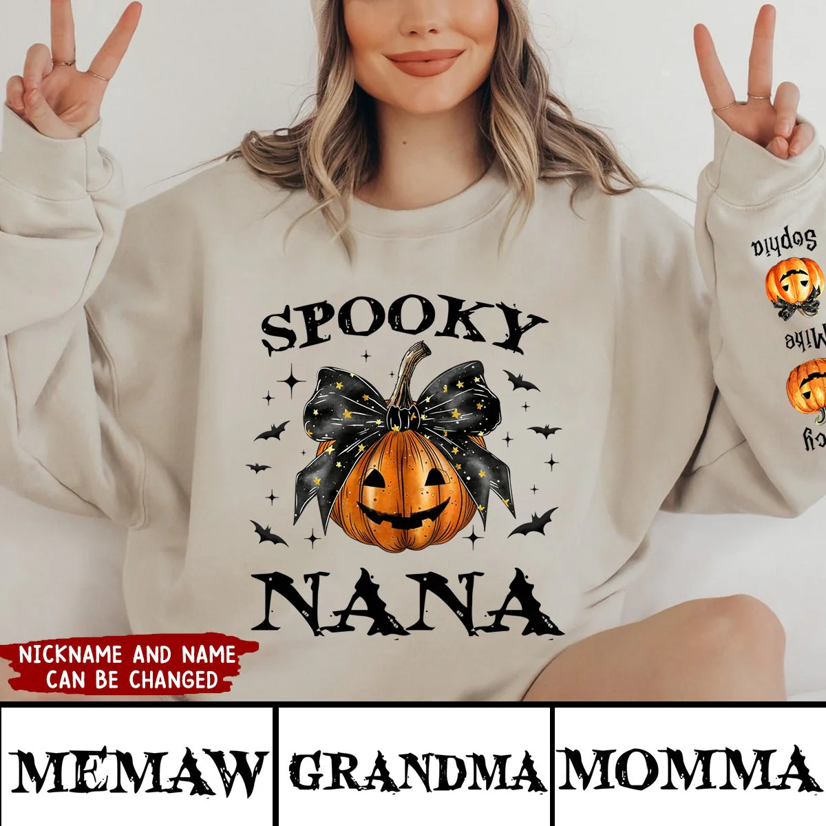 Personalized Sleeve Printed Sweatshirt - Spooky Grandma Mom Halloween Pumpkin - Image 2