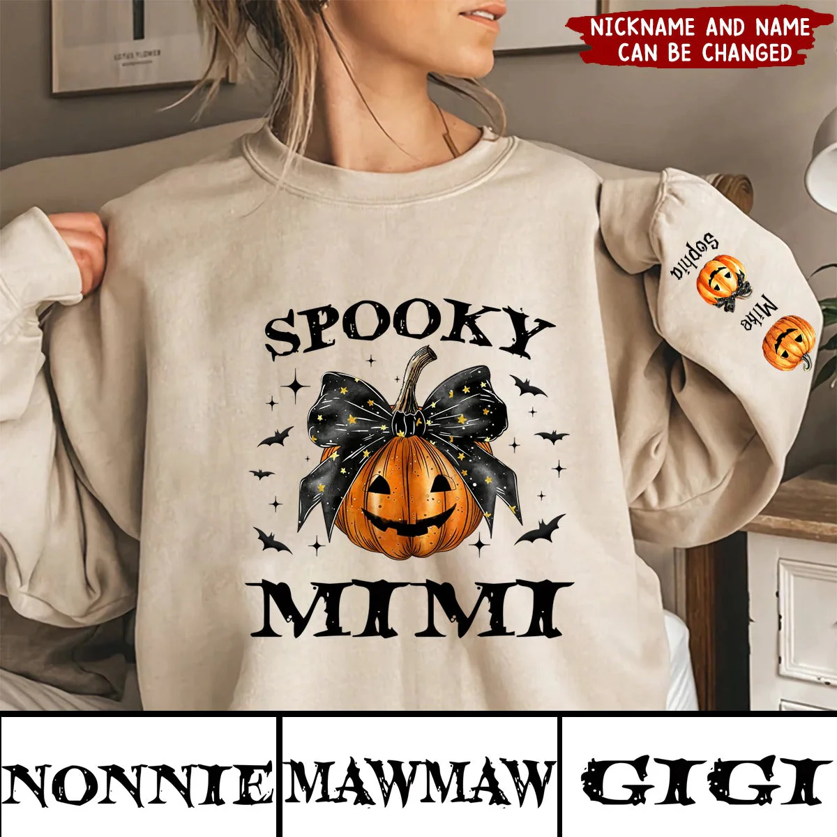 Personalized Sleeve Printed Sweatshirt - Spooky Grandma Mom Halloween Pumpkin - Image 3