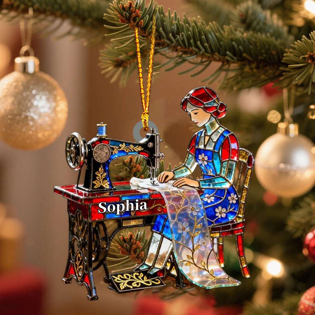 Stained Glass Effect Custom Tailor Acrylic Christmas Ornament, Seamstress Gift - Image 2